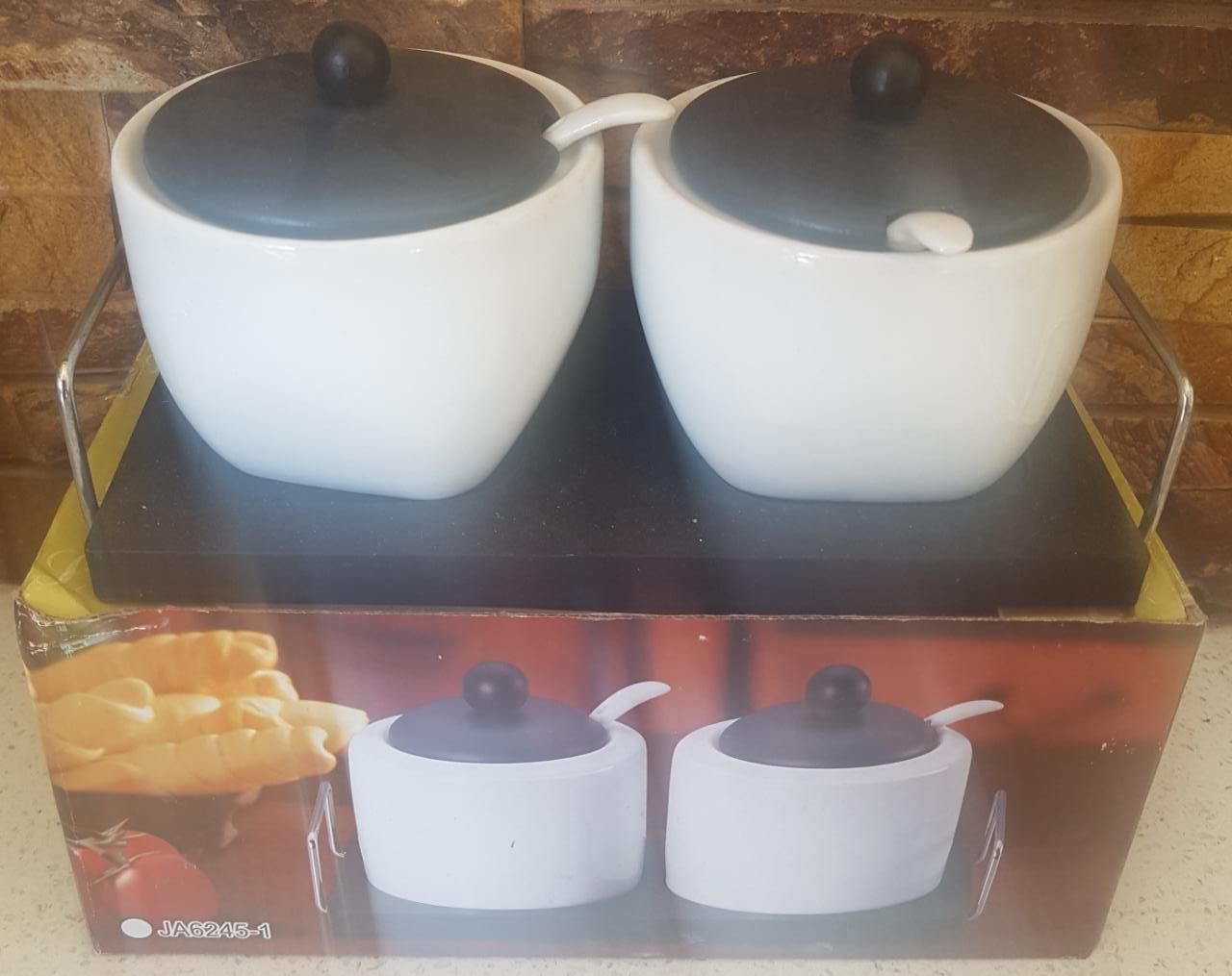2PC CERAMIC CONDIMENT SET WITH BASE & SPOONS Home Worth