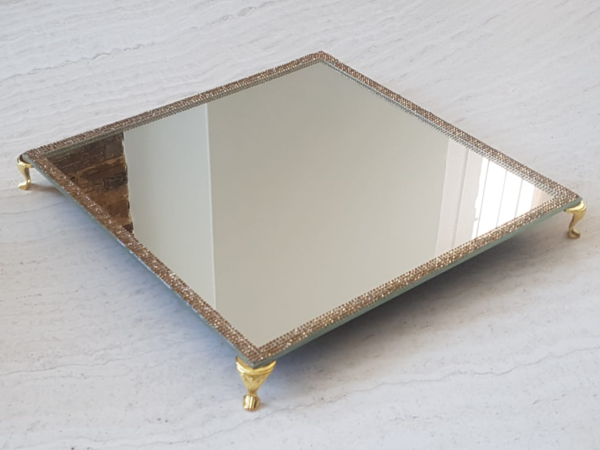 MIRROR TRAY WITH PEDESTALS AND DIAMANTE BORDER