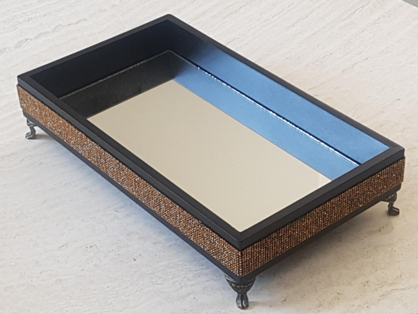 WOODEN MIRROR TRAY WITH PEDESTALS & DIAMANTE BORDER