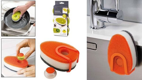 SCOURING SPONGE WITH SOAP-DISPENSING CAPSULE