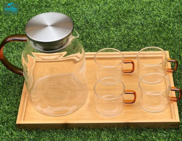 6PC GLASS TEA SET WITH WOODEN TRAY SET