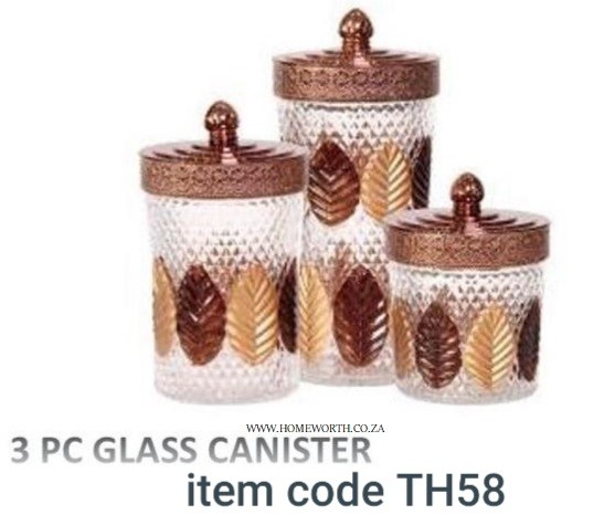 3PC GLASS CANNISTER SET – LEAVES PATTERN – ROSE GOLD LID
